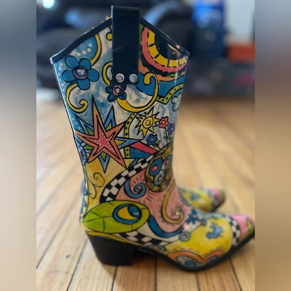 Bops by Beehive Cowboy Rubber Rain Boots Women’s Size 8 Artsy Multicolor Western - Picture 3 of 8